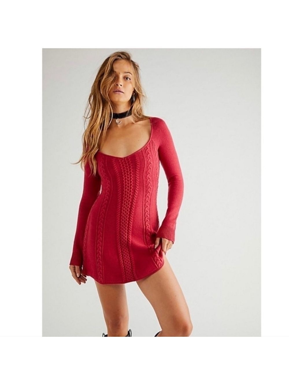 Free People World Cutout Long Sleeve Cable Stitch Sweater Dress. Size S